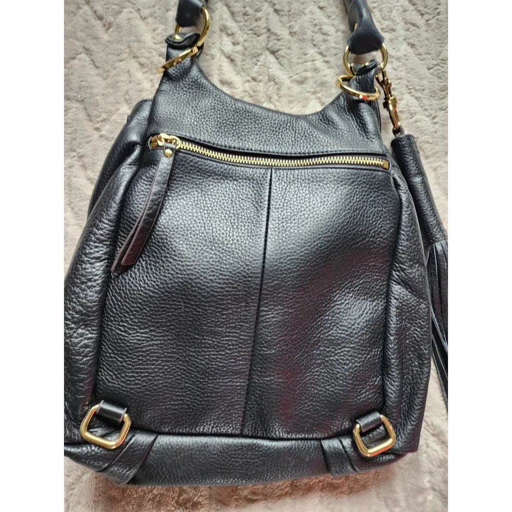 Gili Black Pebbled Leather Shoulder Bag Gold Stirrup Tassel Purse